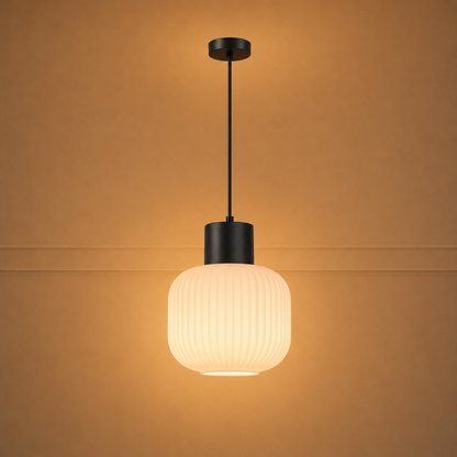 Suspension en verre albâtre strié — E27, blanc