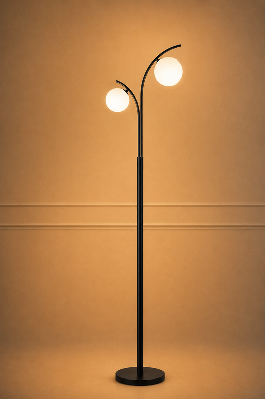 Lampadaire design 2 globes — métal noir, 160 cm