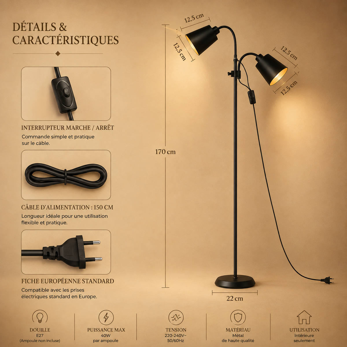 Lampadaire de lecture réglable — base anti-basculement