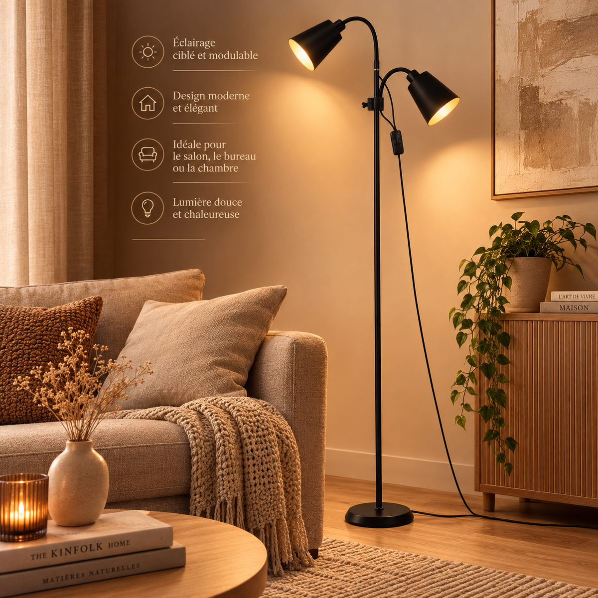 Lampadaire de lecture réglable — base anti-basculement