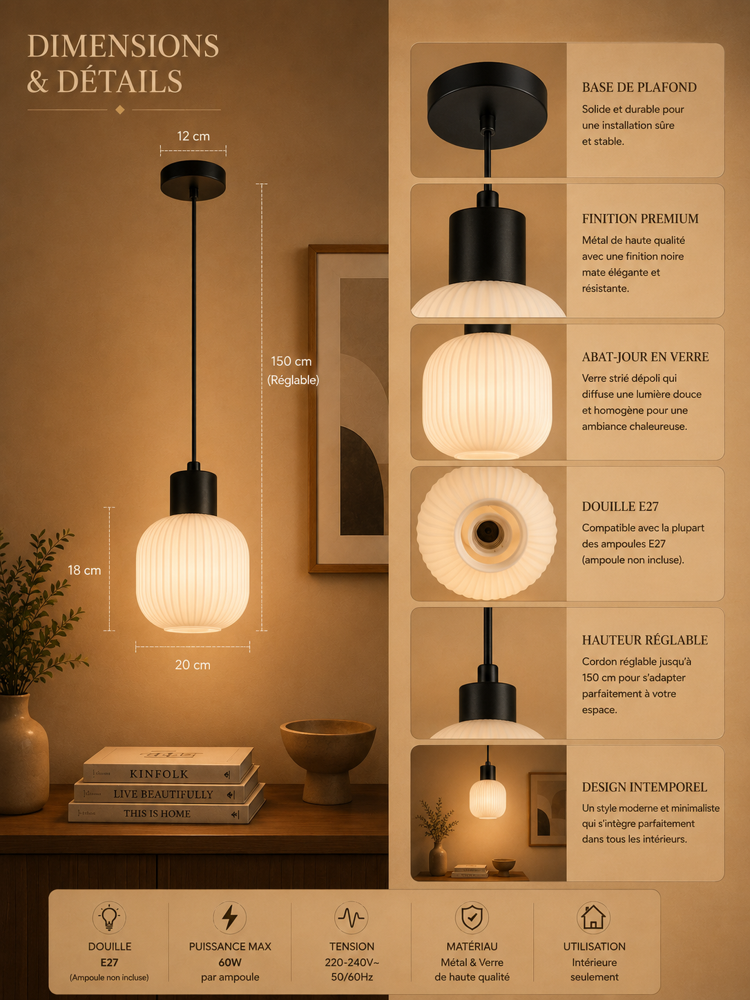 Suspension en verre albâtre strié — E27, blanc