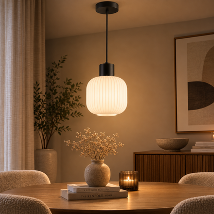 Suspension en verre albâtre strié — E27, blanc