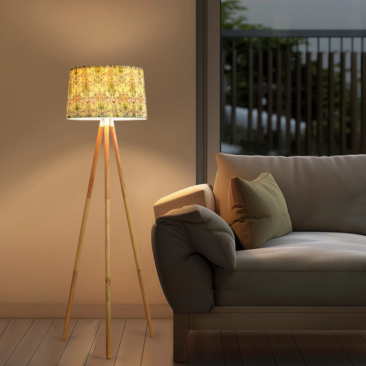 Lampadaire trépied en bois avec abat-jour en tissu