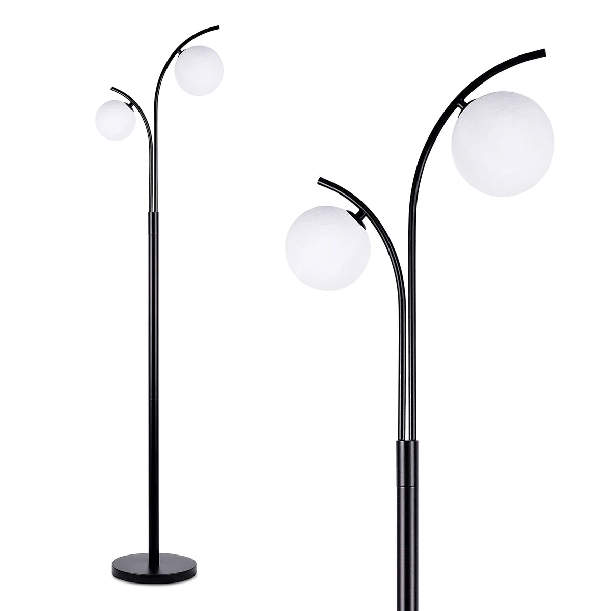 Lampadaire design 2 globes blancs sur fût noir, 160 cm