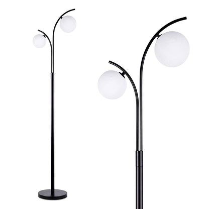 Lampadaire design 2 globes blancs sur fût noir, 160 cm