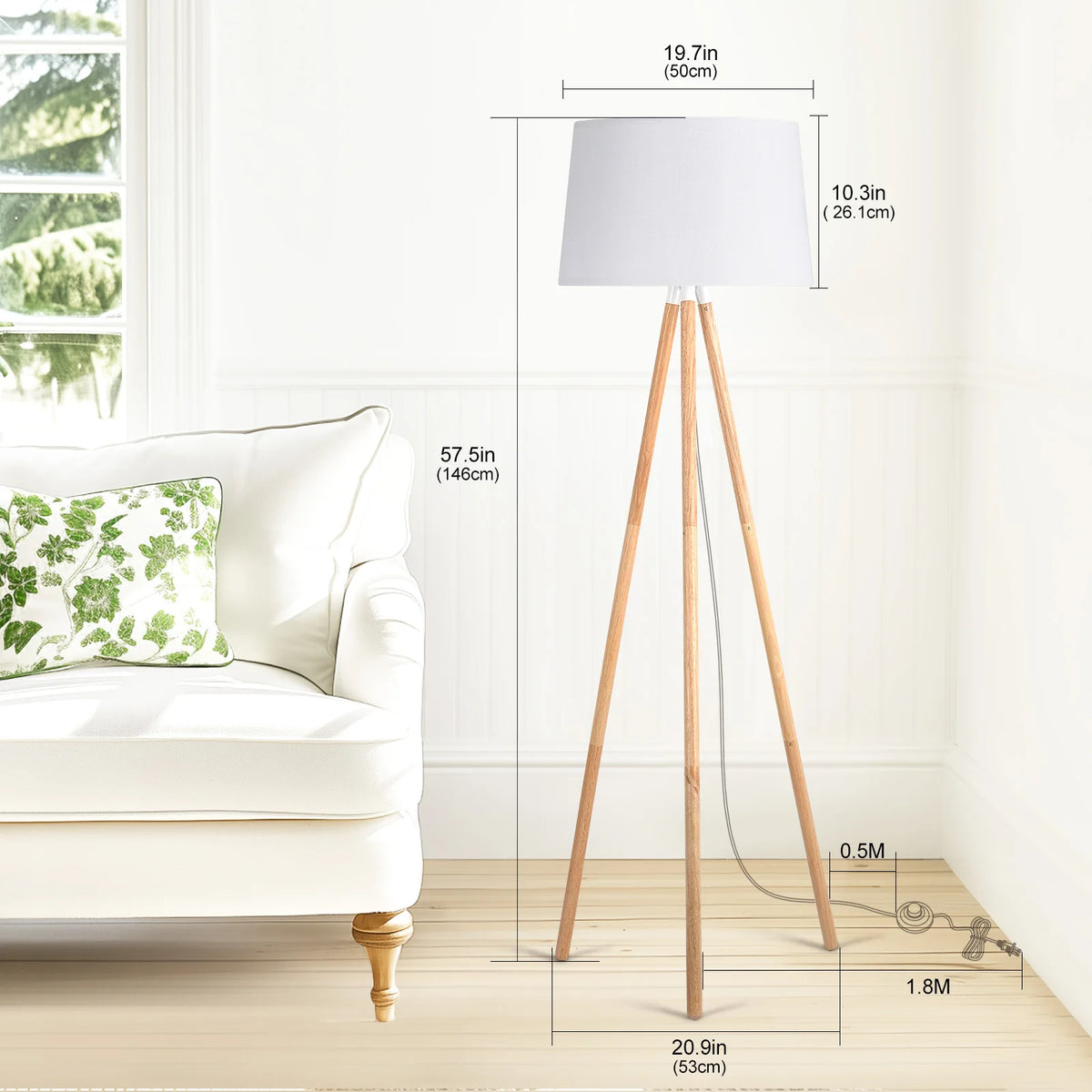 Lampadaire trépied en bois — abat-jour en tissu