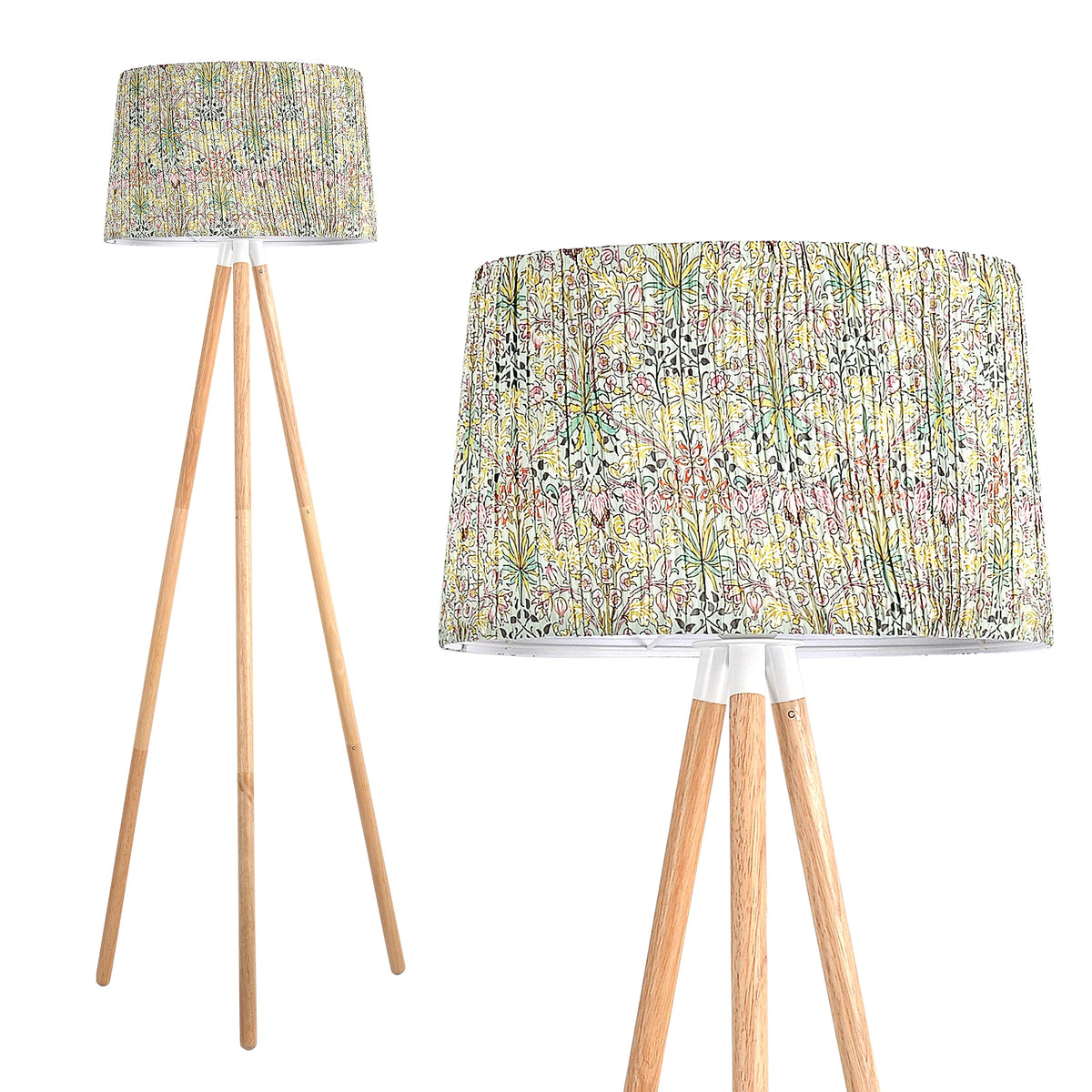 Lampadaire trépied en bois — abat-jour en tissu