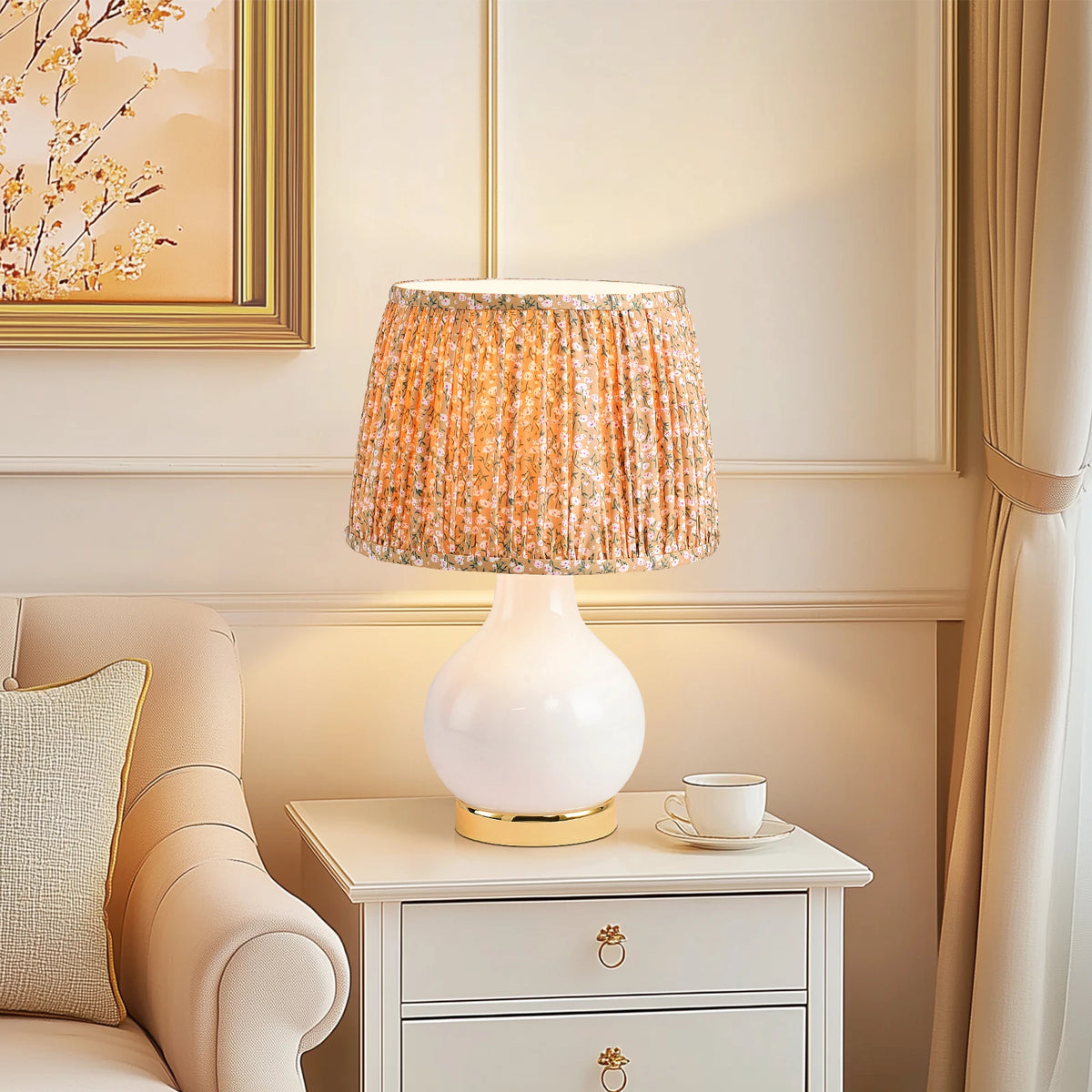 Lampe de chevet en verre — abat-jour tissu floral