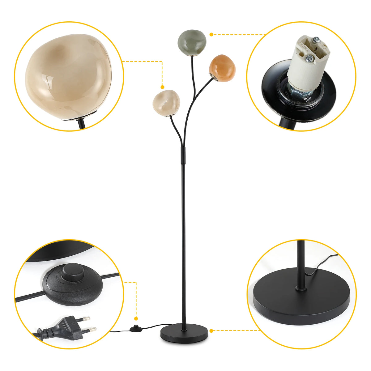 Lampadaire 3 globes en verre coloré — 160 cm
