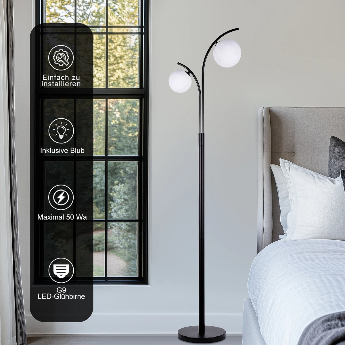 Lampadaire design 2 globes — métal noir, 160 cm