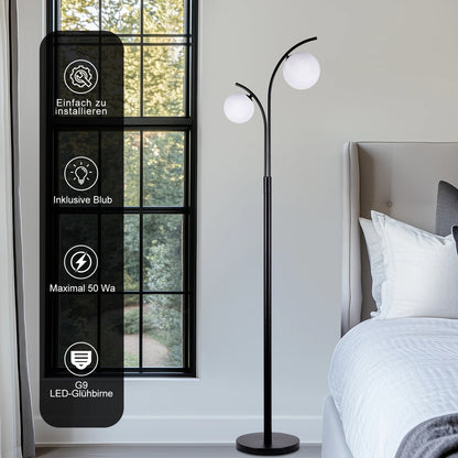 Lampadaire design 2 globes — métal noir, 160 cm