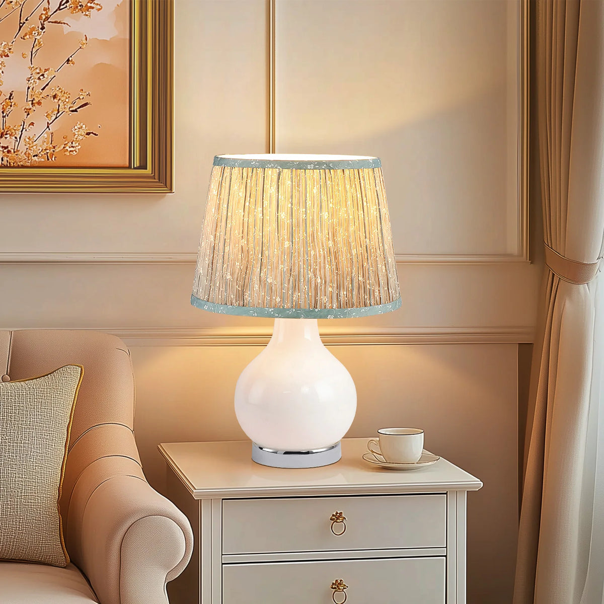 Lampe de chevet en verre — abat-jour tissu floral