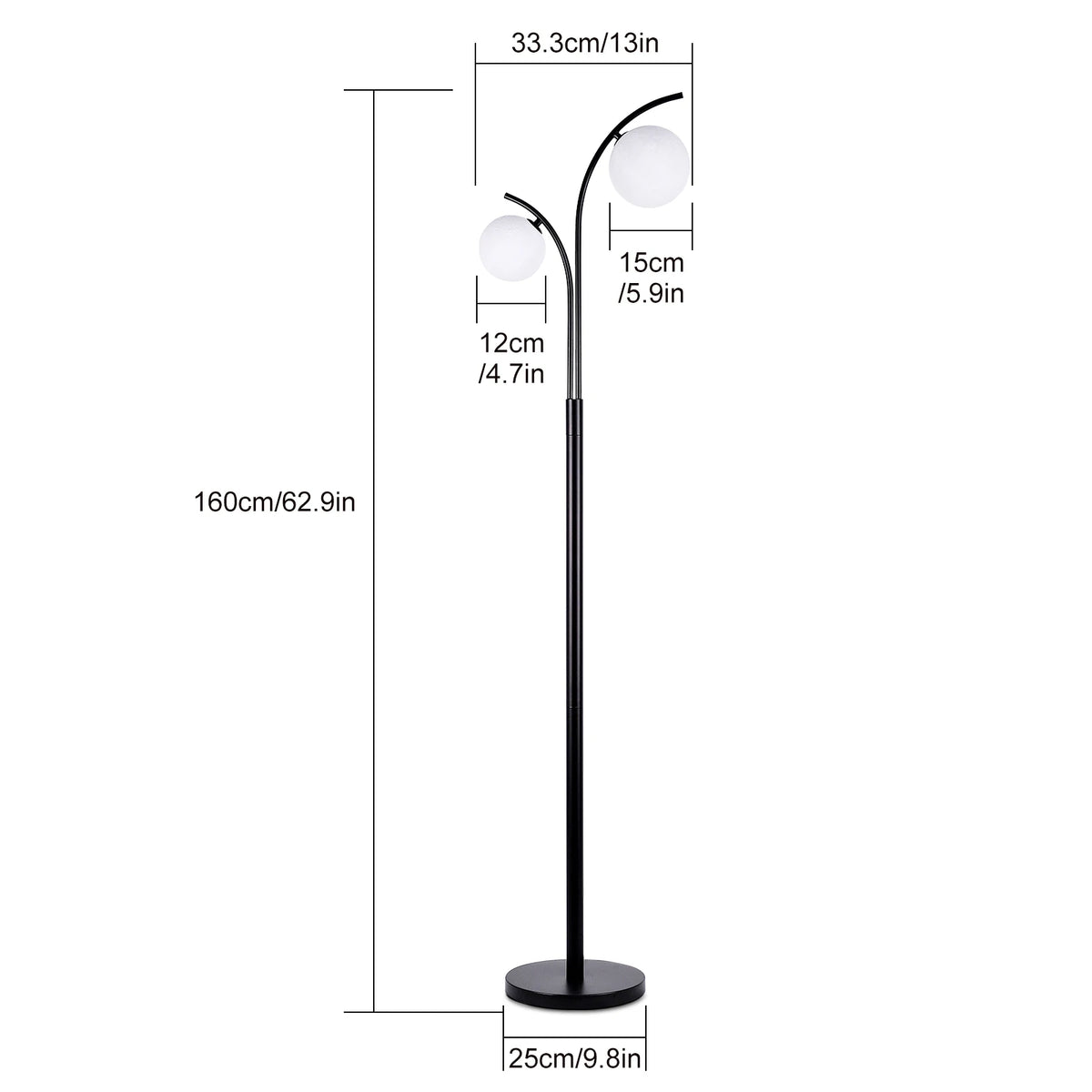 Lampadaire design 2 globes — métal noir, 160 cm
