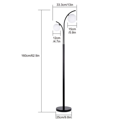Lampadaire design 2 globes — métal noir, 160 cm