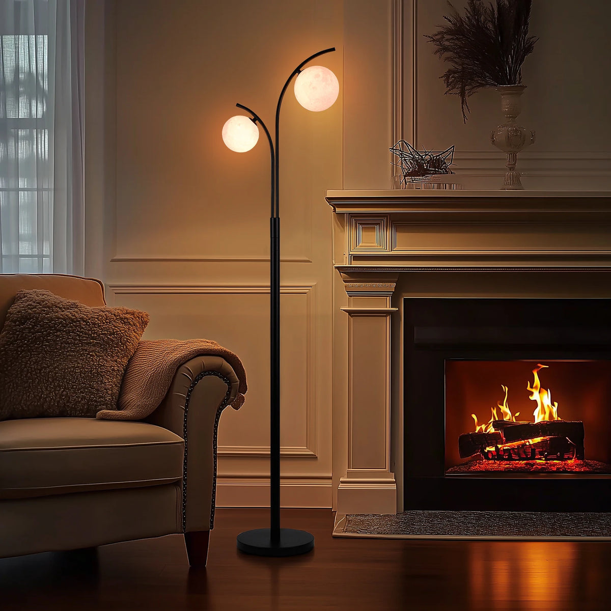 Lampadaire design 2 globes — métal noir, 160 cm