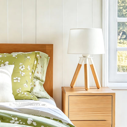 Lampe de chevet trépied en bois — abat-jour en lin