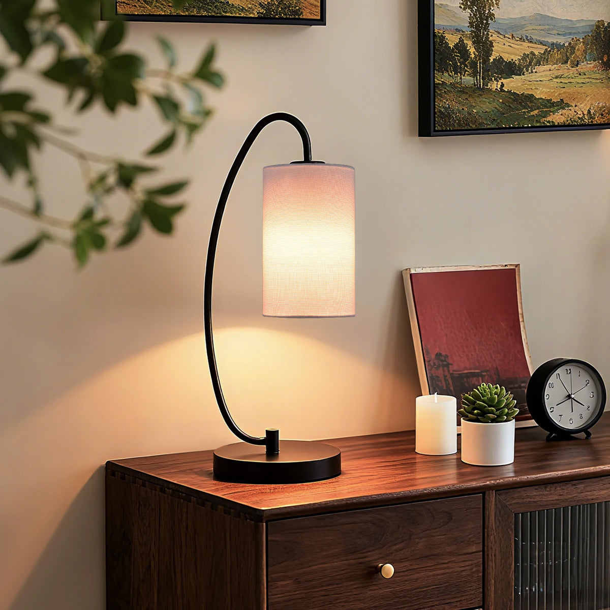 Lampe de chevet arquée — abat-jour cylindrique