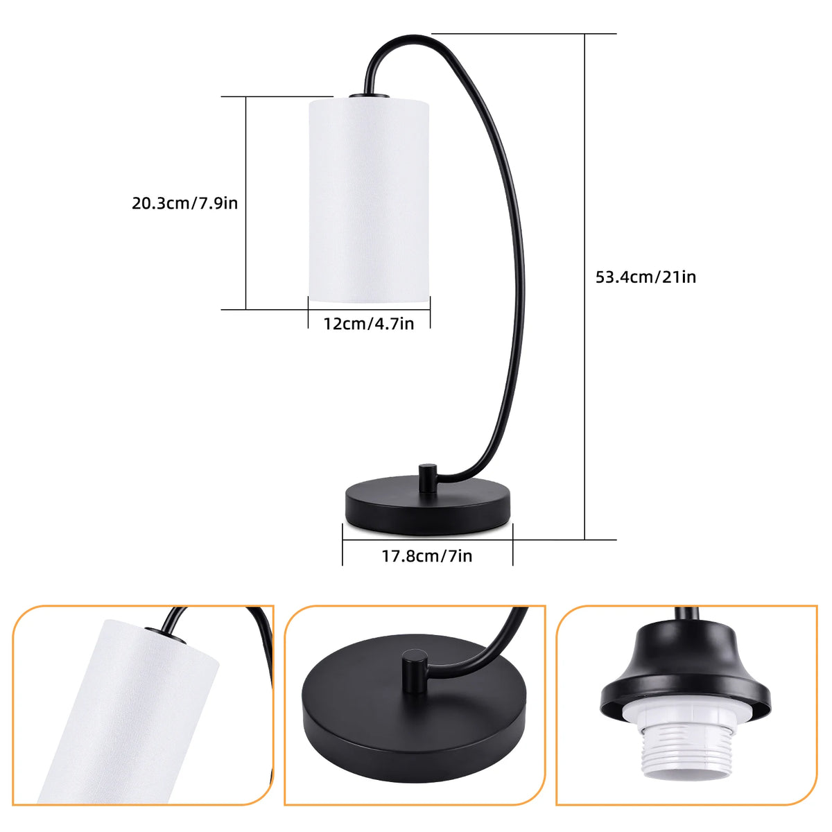 Lampe de chevet arquée — abat-jour cylindrique