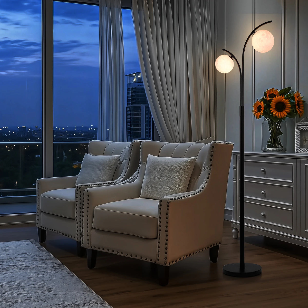 Lampadaire design 2 globes — métal noir, 160 cm